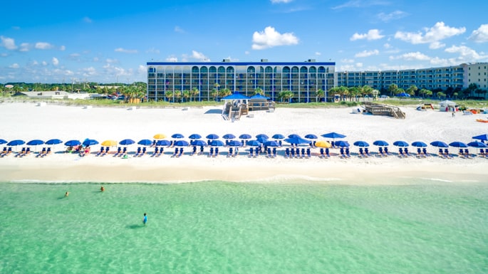 The Island By Hotel RL Beach Front view. Photo of gulf front hotel from drone. The Island By Hotel RL.