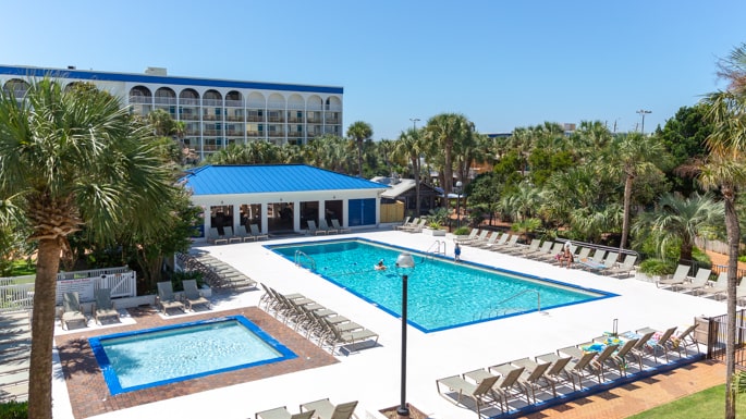 Enjoy a few laps in the heated lap pool at the The Island. Heated resort lap pool at The Island, by Hotel RL.
