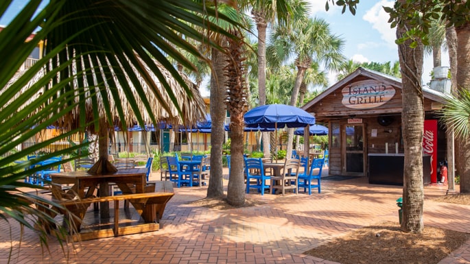 The Island Grille next to the Grotto and Lap Pool. Island cafe near the pool at a hotel.